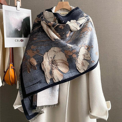 "Elegant Poppy" Cape Scarf - Almond Milk White & Storm Front