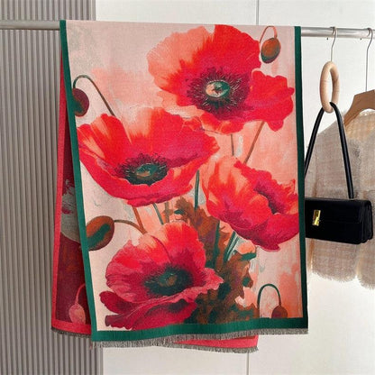 "Magnificent Flower Sea of Poppy" Shoulder Scarf - Lipstick Red