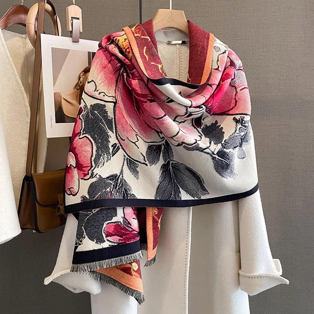 "Ink-painted Peony of Prosperity" Shoulder Scarf - Pink Carnation Version