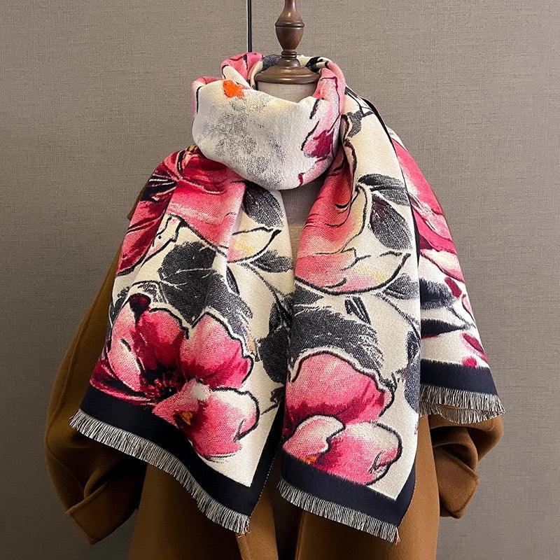 "Ink-painted Peony of Prosperity" Shoulder Scarf - Pink Carnation Version