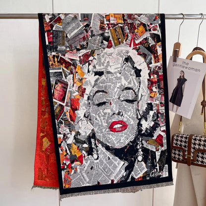 "Collage Art: Dream Face" Marilyn Monroe Character Shawl Scarf - Cherry Tomato & Almond Milk