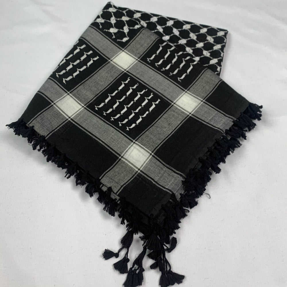 Low MOQ inverted black and white Keffiyeh with tasselsكوفية فلسطينية