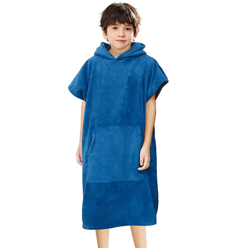 blue hooded toweling poncho