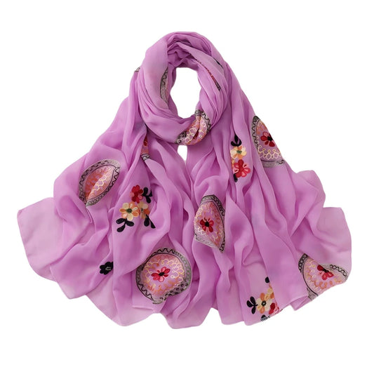 Elegant Embroidered Chiffon Hijab Scarf Soft Long Shawl Multi-Color