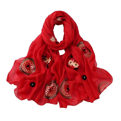 Elegant Embroidered Chiffon Hijab Scarf Soft Long Shawl Multi-Color