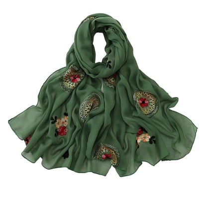 Elegant Embroidered Chiffon Hijab Scarf Soft Long Shawl Multi-Color