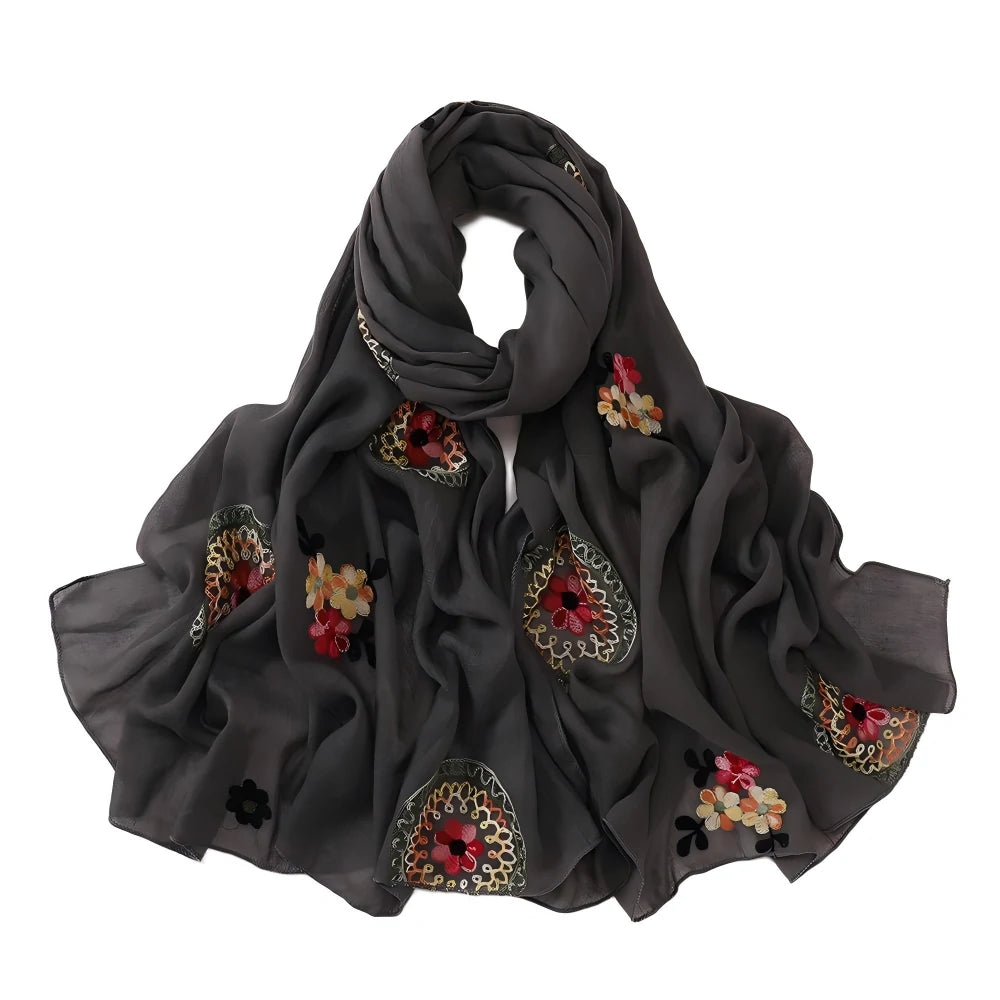 Elegant Embroidered Chiffon Hijab Scarf Soft Long Shawl Multi-Color