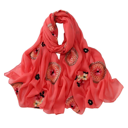 Elegant Embroidered Chiffon Hijab Scarf Soft Long Shawl Multi-Color