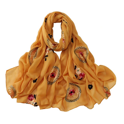 Elegant Embroidered Chiffon Hijab Scarf Soft Long Shawl Multi-Color