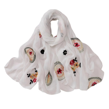 Elegant Embroidered Chiffon Hijab Scarf Soft Long Shawl Multi-Color