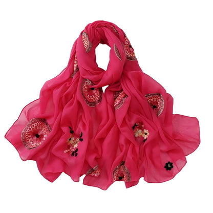 Elegant Embroidered Chiffon Hijab Scarf Soft Long Shawl Multi-Color