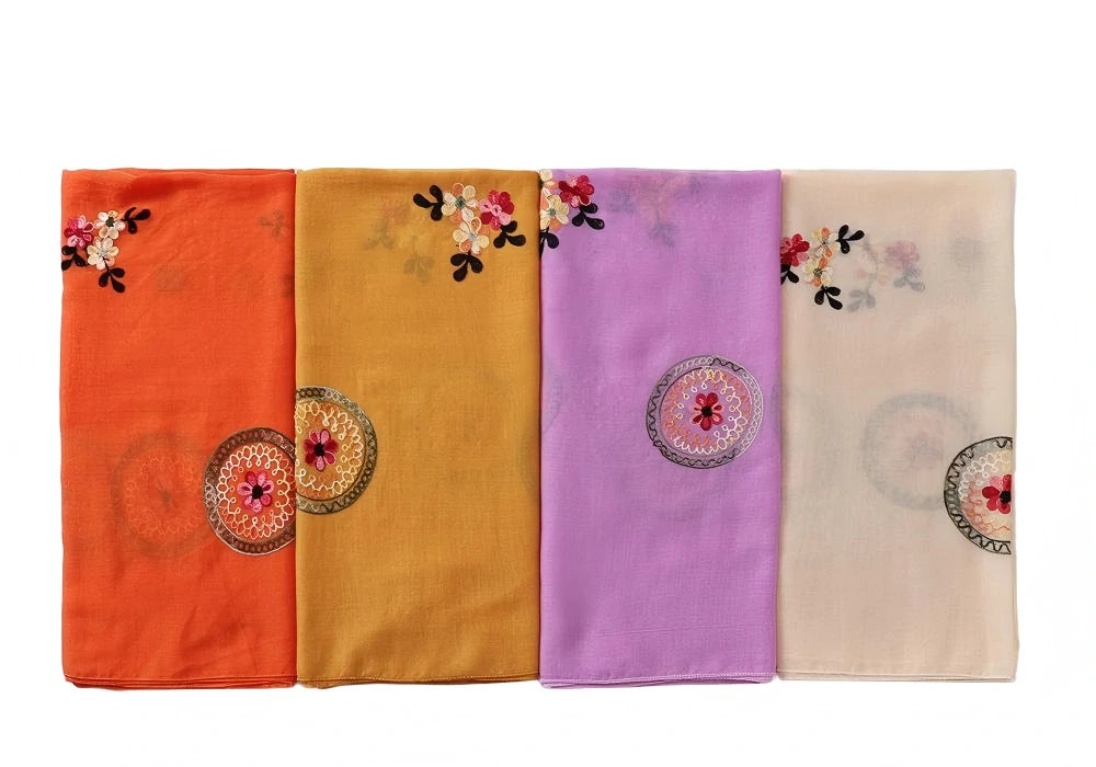 Elegant Embroidered Chiffon Hijab Scarf Soft Long Shawl Multi-Color