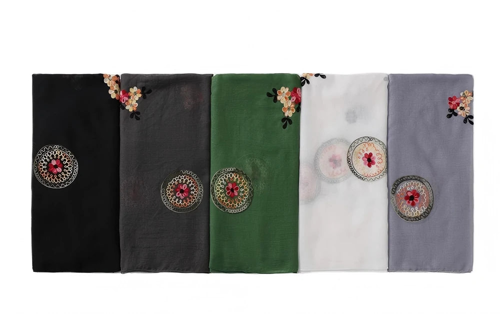 Elegant Embroidered Chiffon Hijab Scarf Soft Long Shawl Multi-Color