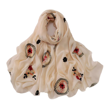 Elegant Embroidered Chiffon Hijab Scarf Soft Long Shawl Multi-Color