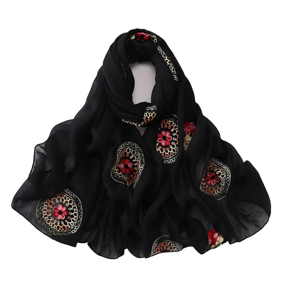 Elegant Embroidered Chiffon Hijab Scarf Soft Long Shawl Multi-Color