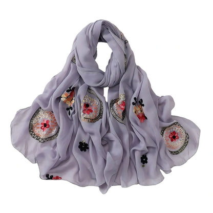 Elegant Embroidered Chiffon Hijab Scarf Soft Long Shawl Multi-Color