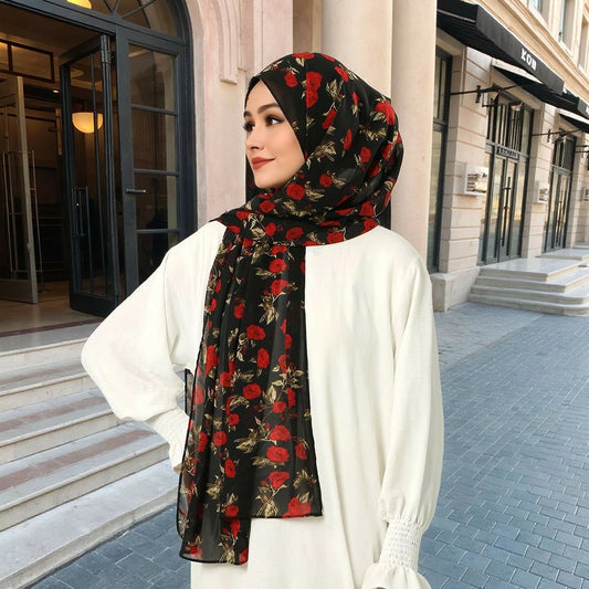 Elegant Rose Floral Printed Chiffon Hijab Premium Breathable Muslim Headscarf Wrap