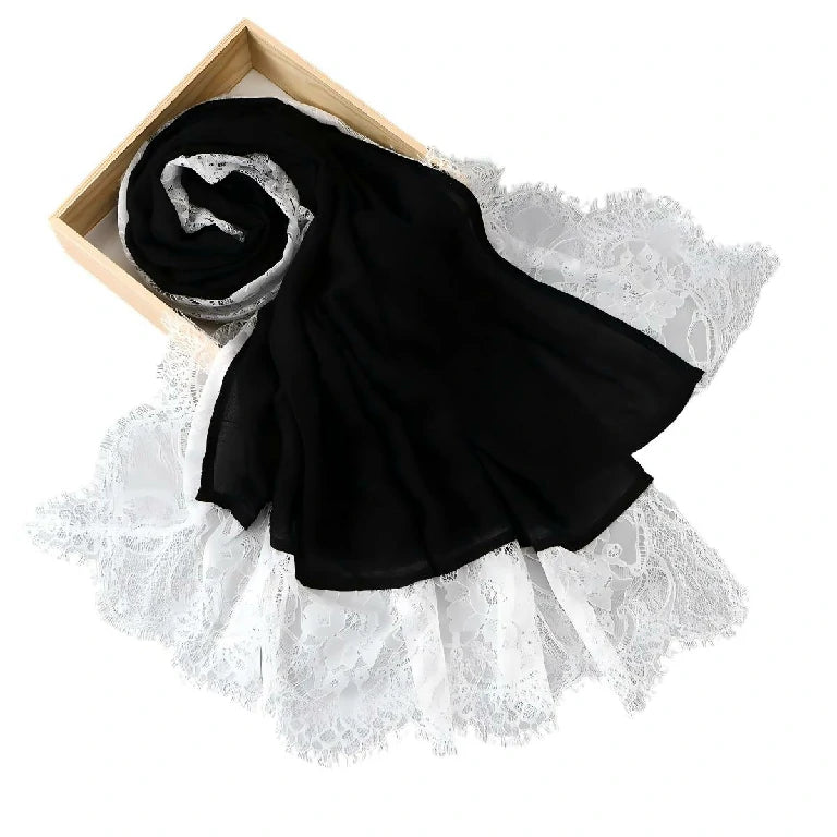 Elegant White Lace Edge Hijab Scarf for Women Lightweight Breathable Shawl with Floral Lace Trim