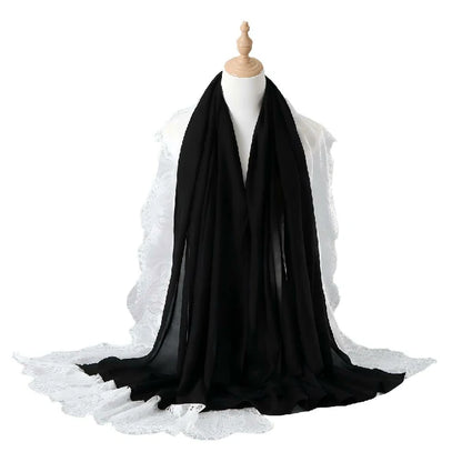 Elegant White Lace Edge Hijab Scarf for Women Lightweight Breathable Shawl with Floral Lace Trim
