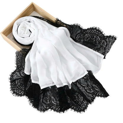 Elegant White Lace Edge Hijab Scarf for Women Lightweight Breathable Shawl with Floral Lace Trim