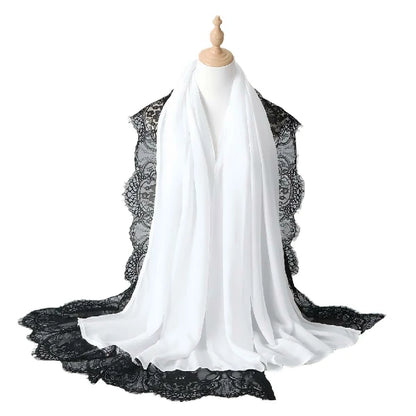 Elegant White Lace Edge Hijab Scarf for Women Lightweight Breathable Shawl with Floral Lace Trim