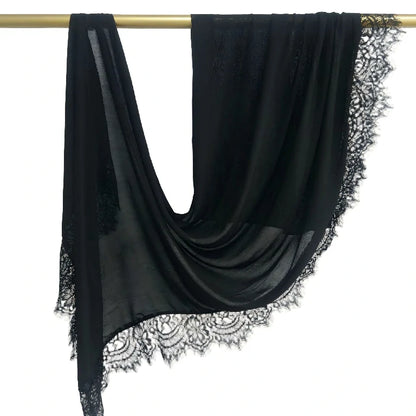Elegant White Lace Edge Hijab Scarf for Women Lightweight Breathable Shawl with Floral Lace Trim