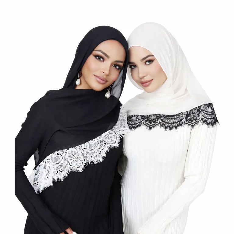 Elegant White Lace Edge Hijab Scarf for Women Lightweight Breathable Shawl with Floral Lace Trim