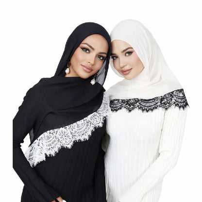 Elegant White Lace Edge Hijab Scarf for Women Lightweight Breathable Shawl with Floral Lace Trim