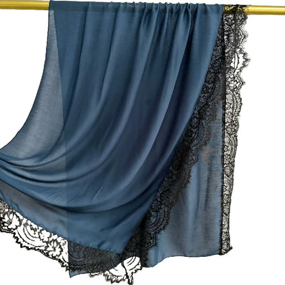 Elegant White Lace Edge Hijab Scarf for Women Lightweight Breathable Shawl with Floral Lace Trim