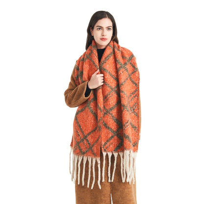Faux Mohair Jacquard Double-Line Plaid Scarf 