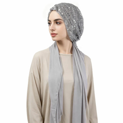 Glitter Sequin Turban Hijab with Attached Long Scarf