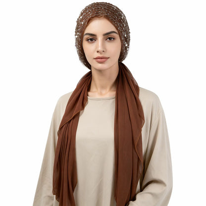 Glitter Sequin Turban Hijab with Attached Long Scarf