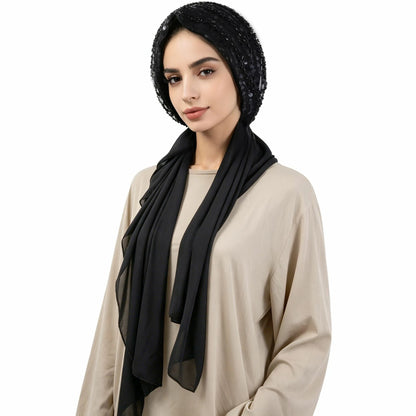 Glitter Sequin Turban Hijab with Attached Long Scarf