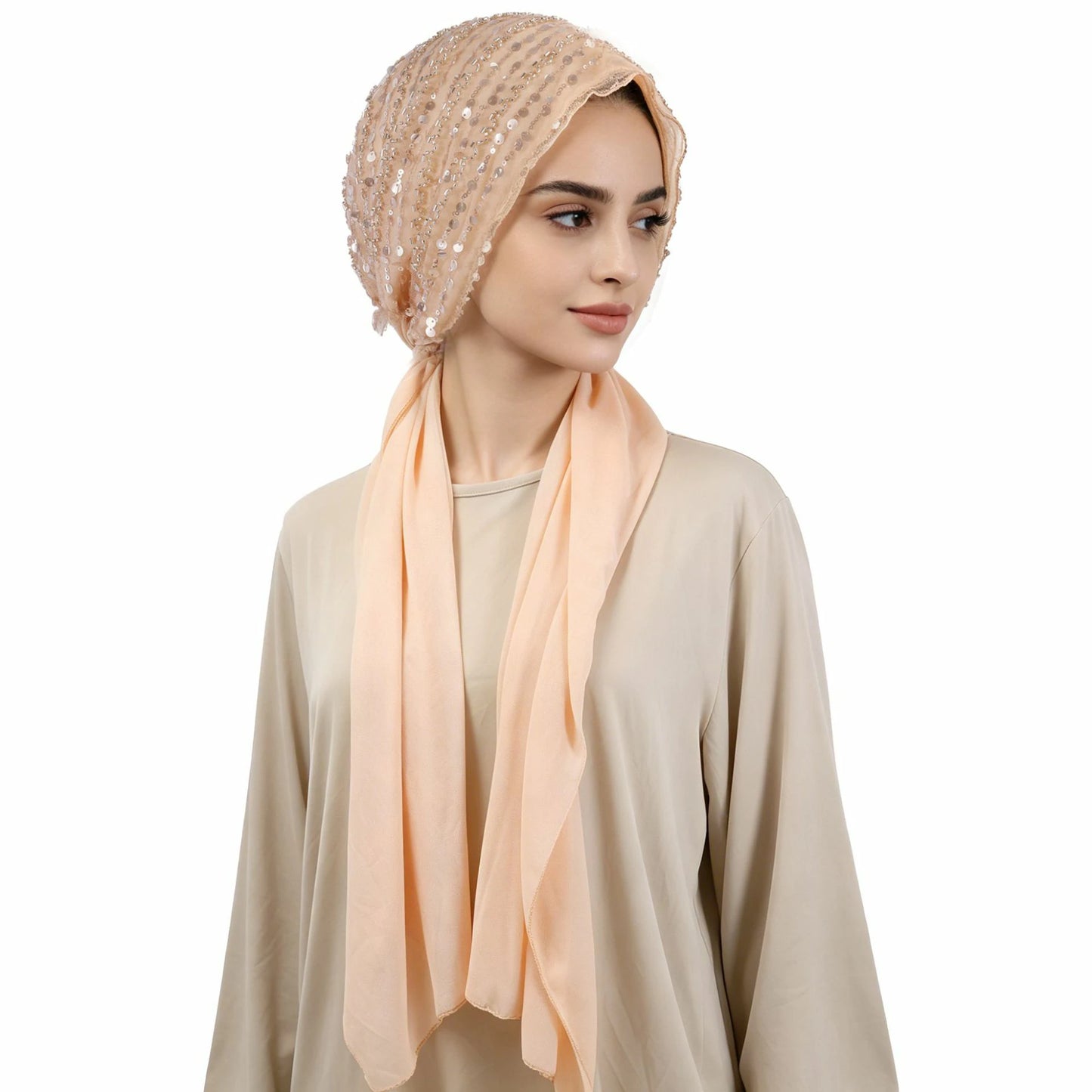 Glitter Sequin Turban Hijab with Attached Long Scarf
