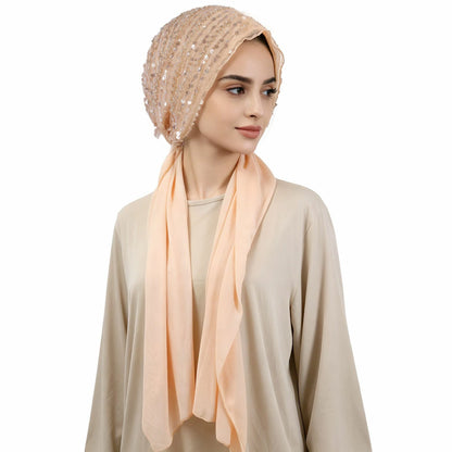 Glitter Sequin Turban Hijab with Attached Long Scarf