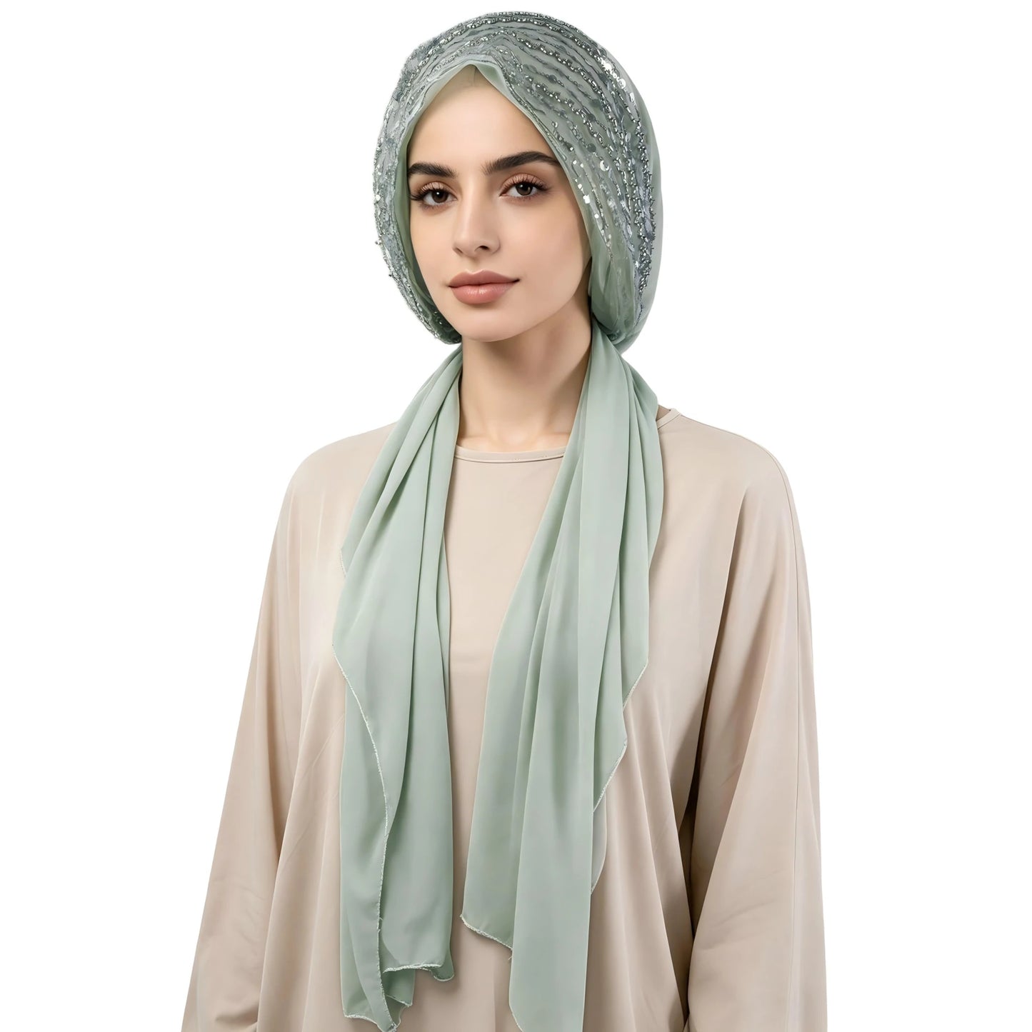 Glitter Sequin Turban Hijab with Attached Long Scarf