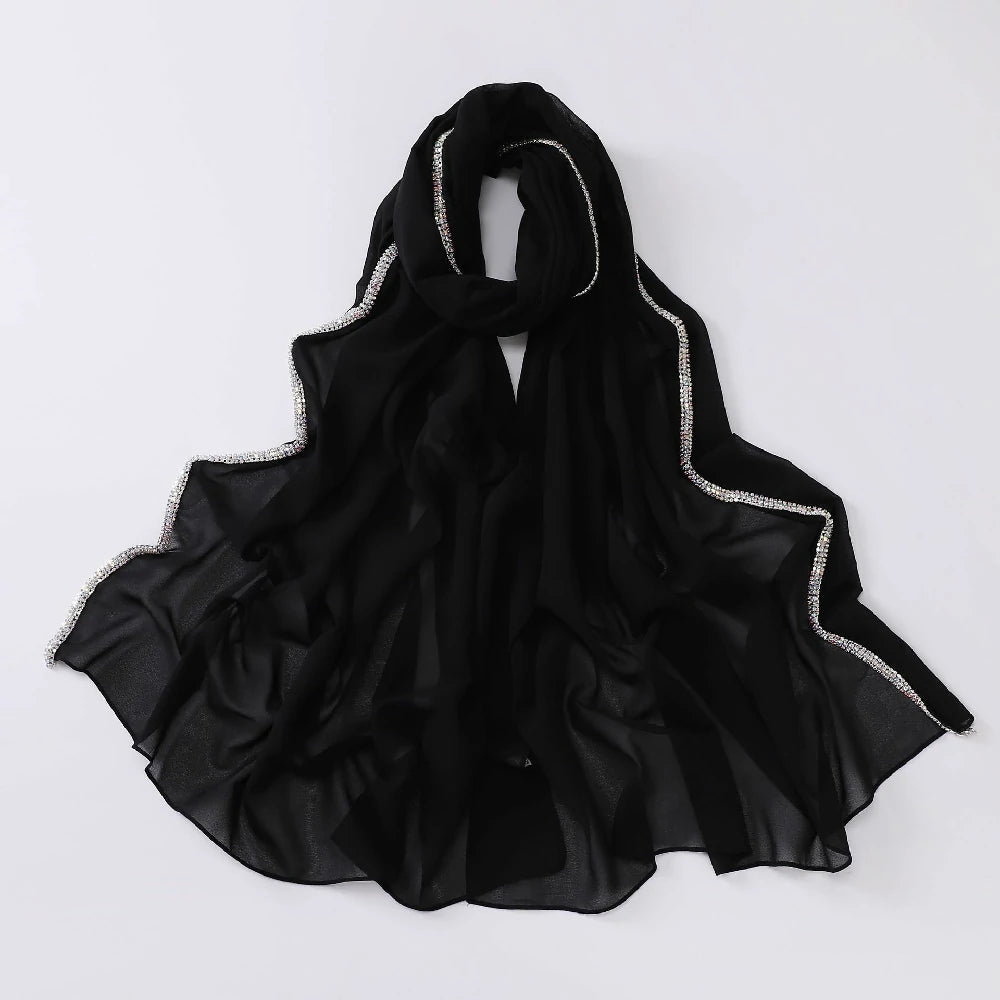 Wholesale Luxury Chiffon Hijab with Rhinestone Edge Diamond Trim Scarf