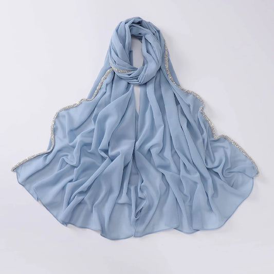 Wholesale Luxury Chiffon Hijab with Rhinestone Edge Diamond Trim Scarf