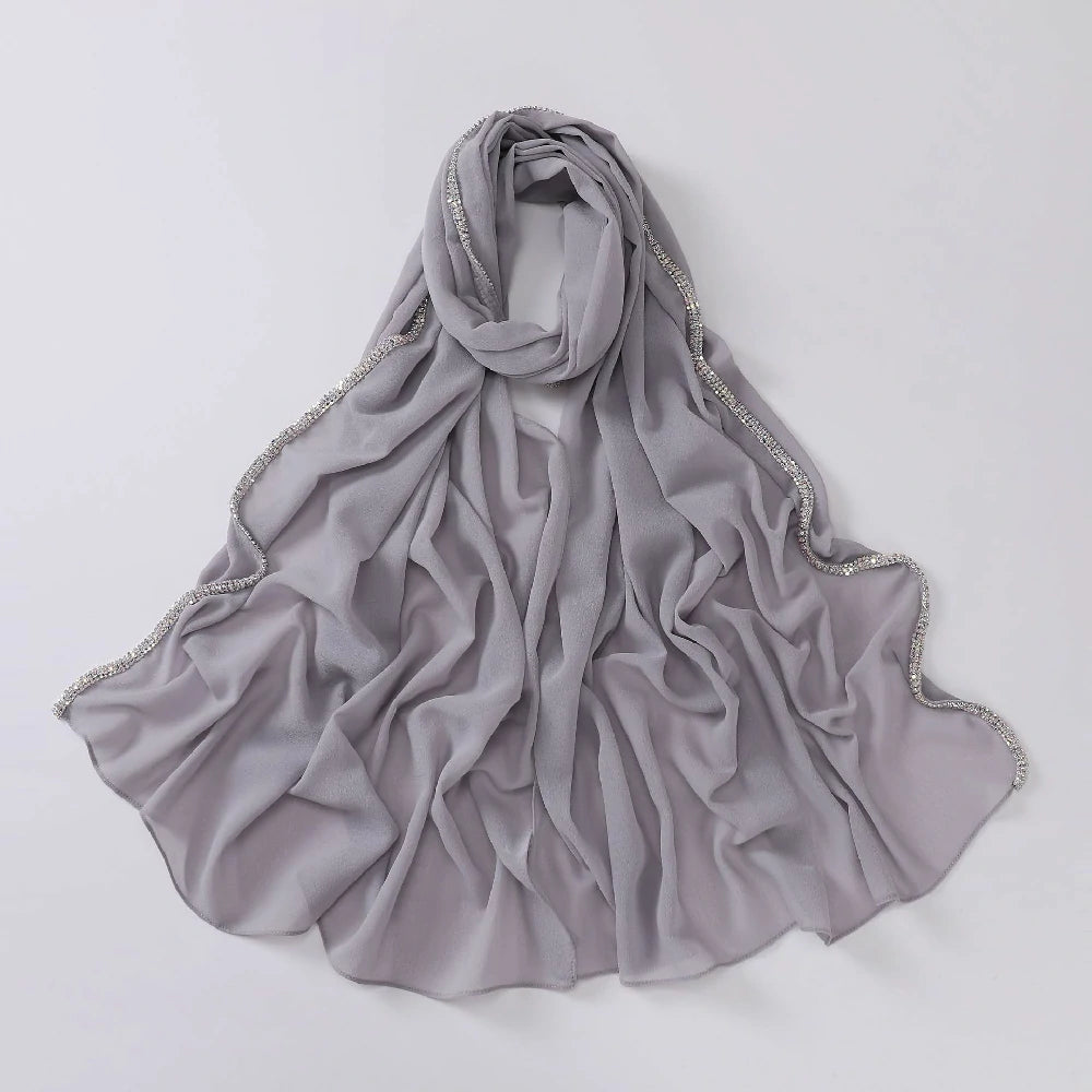 Wholesale Luxury Chiffon Hijab with Rhinestone Edge Diamond Trim Scarf