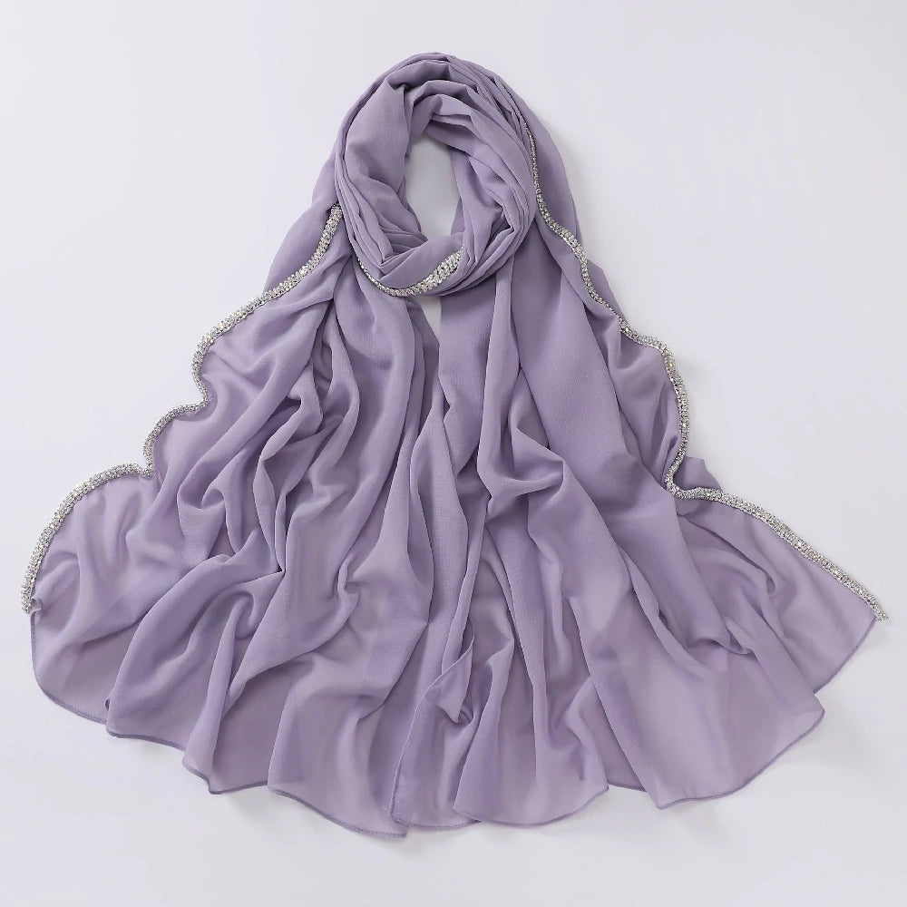 Wholesale Luxury Chiffon Hijab with Rhinestone Edge Diamond Trim Scarf