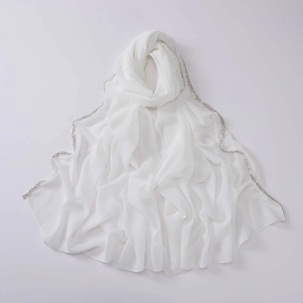 Wholesale Luxury Chiffon Hijab with Rhinestone Edge Diamond Trim Scarf