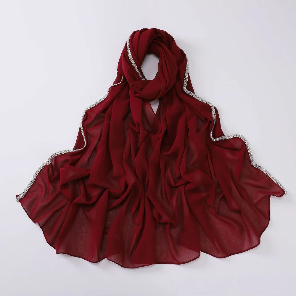 Wholesale Luxury Chiffon Hijab with Rhinestone Edge Diamond Trim Scarf