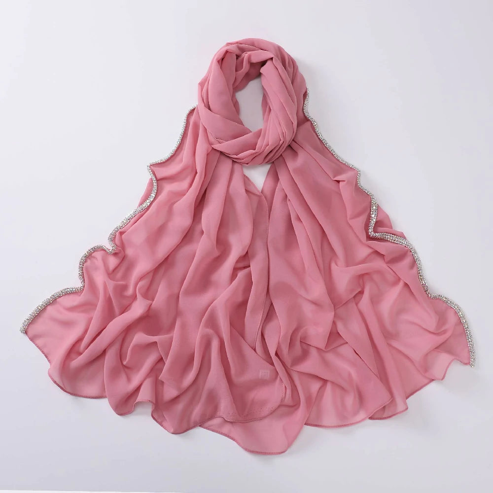 Wholesale Luxury Chiffon Hijab with Rhinestone Edge Diamond Trim Scarf