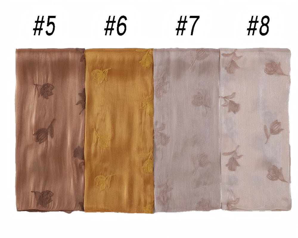 Luxury Embroidered Tulip Hijab Pleated Silky Scarf Floral Embroidery Women