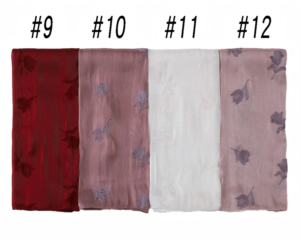 Luxury Embroidered Tulip Hijab Pleated Silky Scarf Floral Embroidery Women