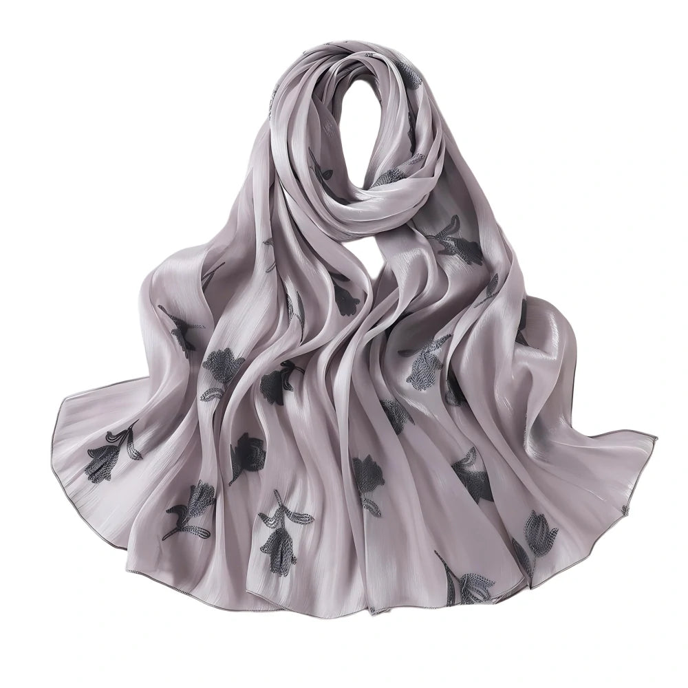 Luxury Embroidered Tulip Hijab Pleated Silky Scarf Floral Embroidery Women