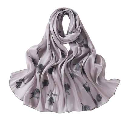 Luxury Embroidered Tulip Hijab Pleated Silky Scarf Floral Embroidery Women