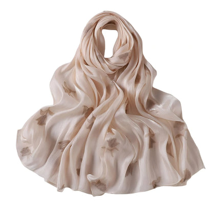 Luxury Embroidered Tulip Hijab Pleated Silky Scarf Floral Embroidery Women