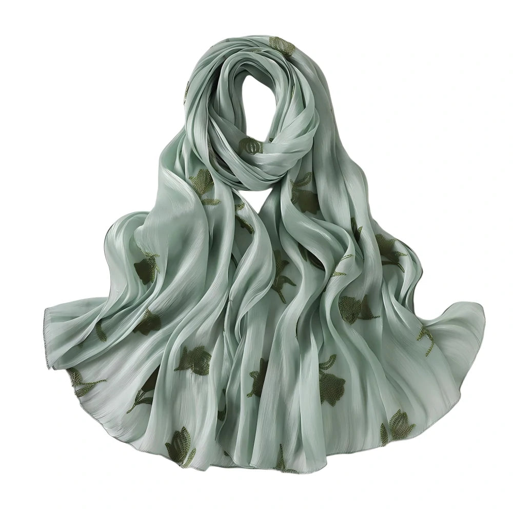 Luxury Embroidered Tulip Hijab Pleated Silky Scarf Floral Embroidery Women
