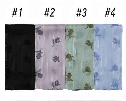 Luxury Embroidered Tulip Hijab Pleated Silky Scarf Floral Embroidery Women